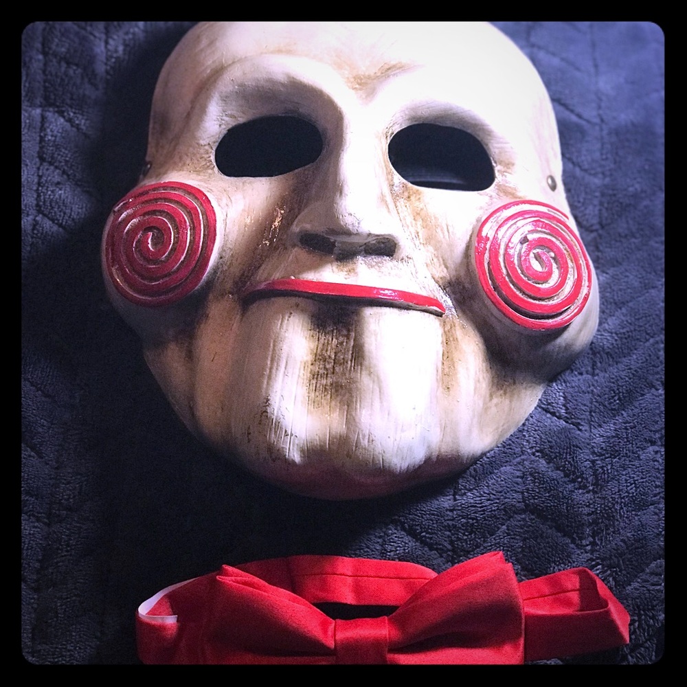 Jigsaw Costume Mask and Red Bow